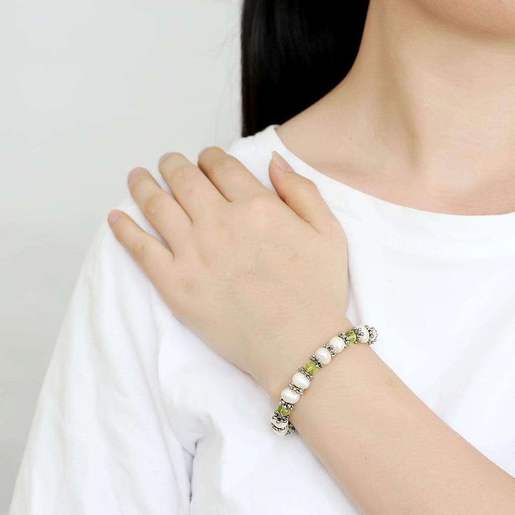 LO4653 - Antique Silver White Metal Bracelet with Synthetic Pearl in Olivine color-2
