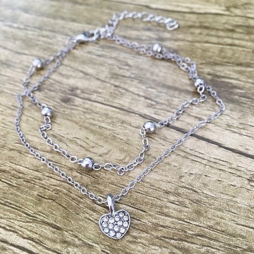 Double Silver Ankle Chain Heart Ankle Bracelet-1