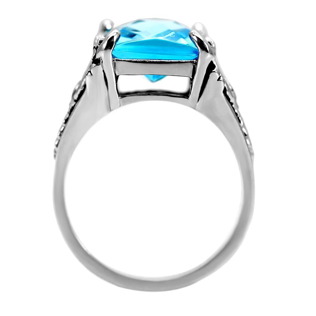 TK021 - High polished (no plating) Stainless Steel Ring with Synthetic Synthetic Glass in Sea Blue-3