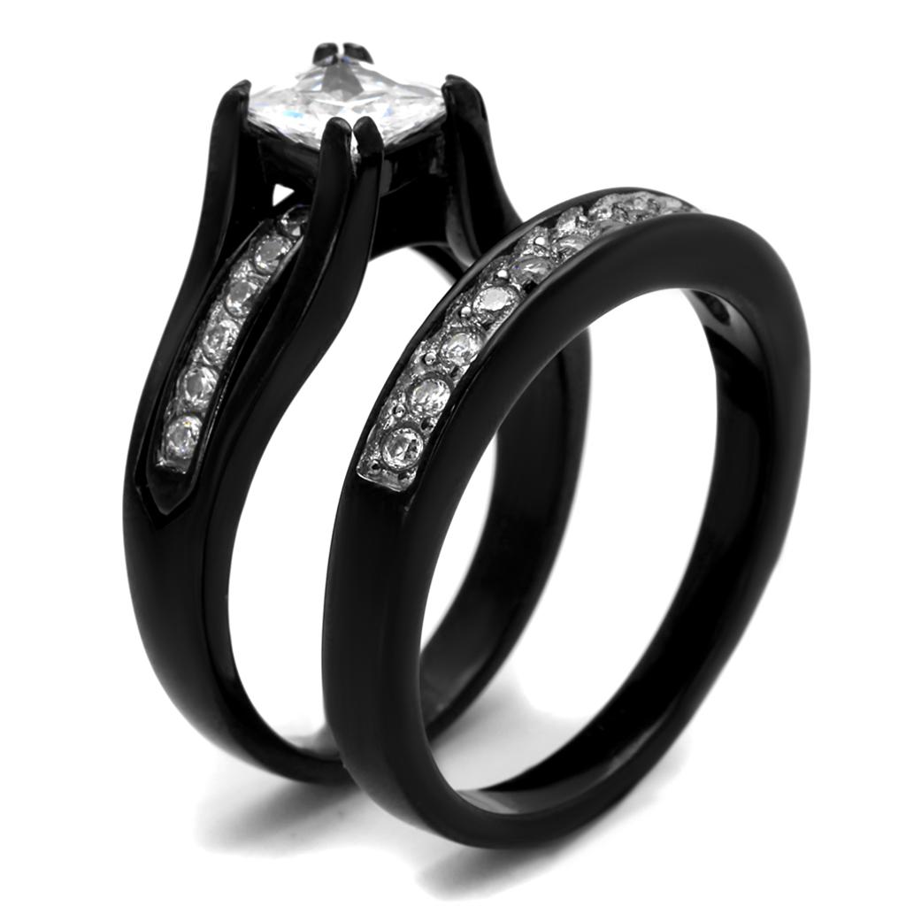 TK0W383J - Two-Tone IP Black Stainless Steel Ring with AAA Grade CZ  in Clear-3