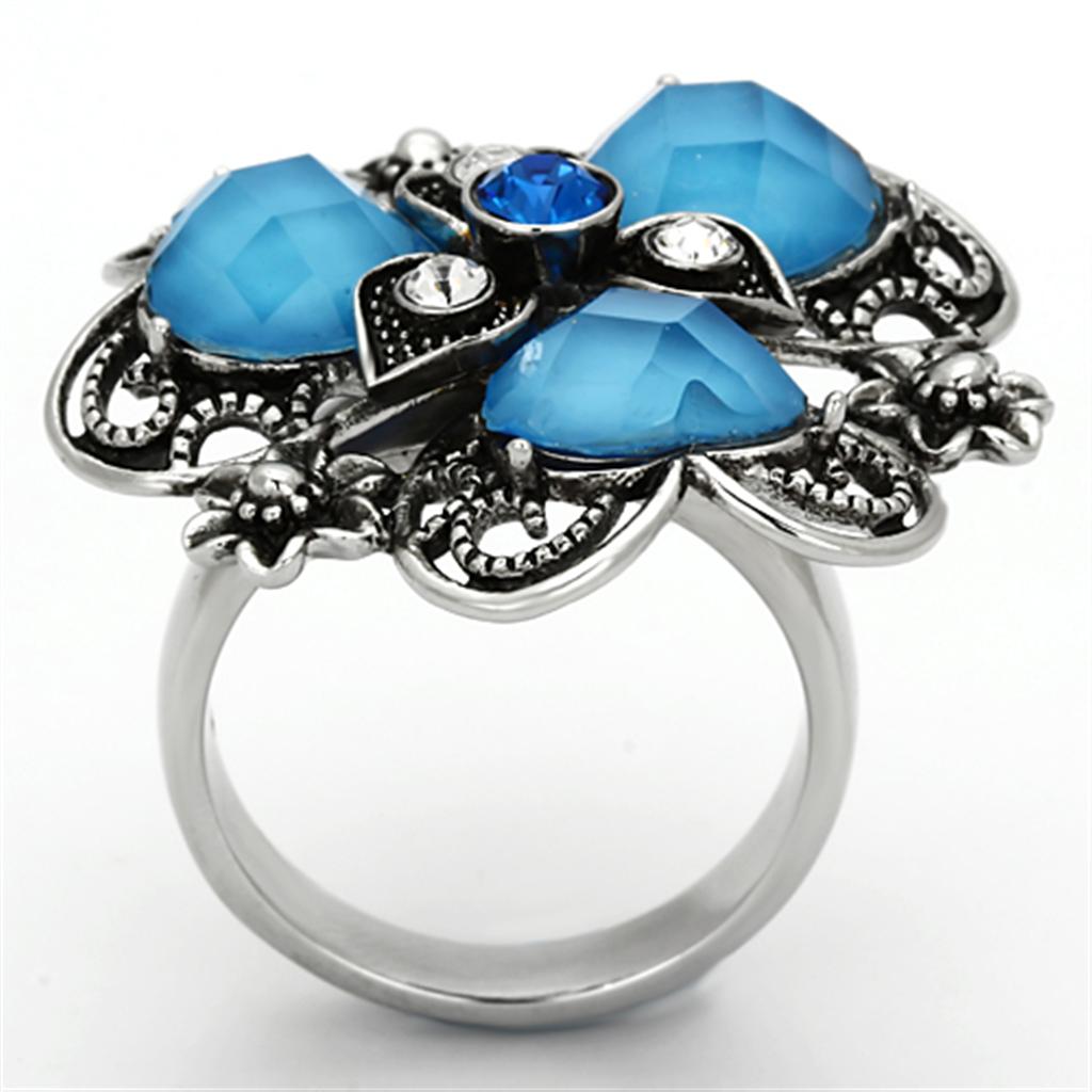 TK1149 - High polished (no plating) Stainless Steel Ring with Synthetic Synthetic Stone in Sea Blue-2