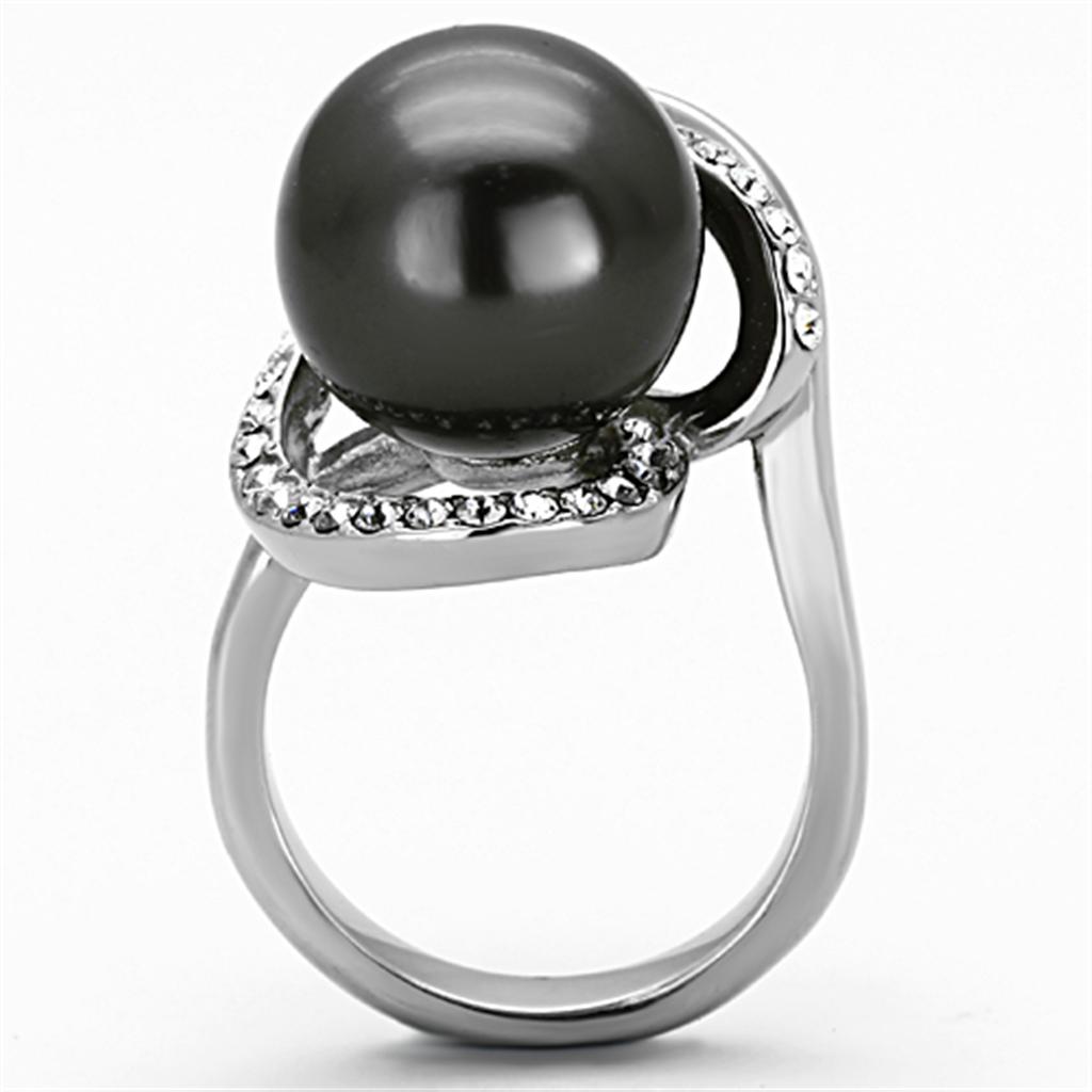 TK1218 - High polished (no plating) Stainless Steel Ring with Synthetic Pearl in Gray-2