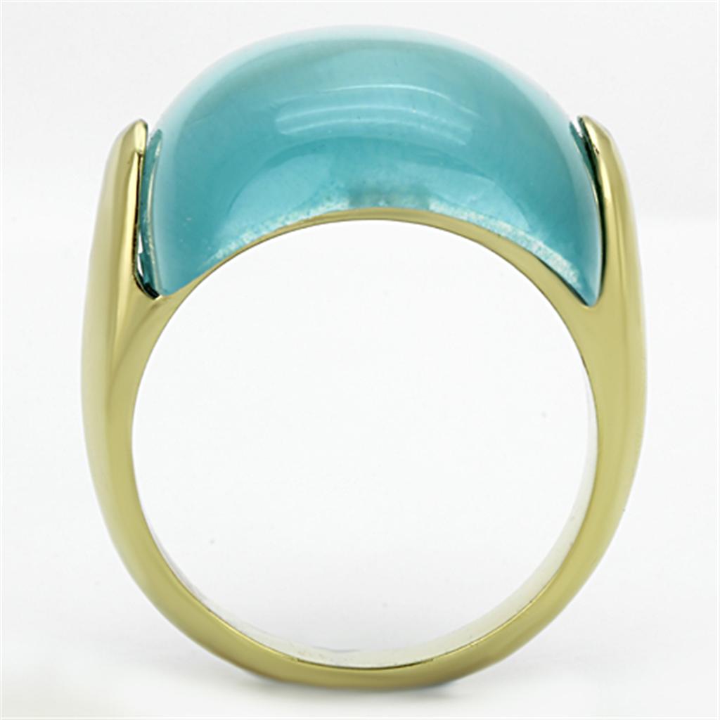 TK1237 - IP Gold(Ion Plating) Stainless Steel Ring with Synthetic Cat Eye in Sea Blue-2