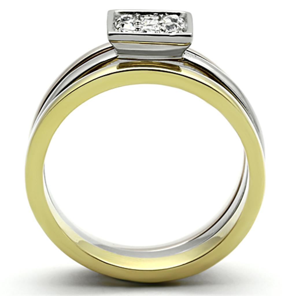 TK1277 - Three Tone (IP Gold & IP Rose Gold & High Polished) Stainless Steel Ring with Top Grade Crystal  in Clear-2