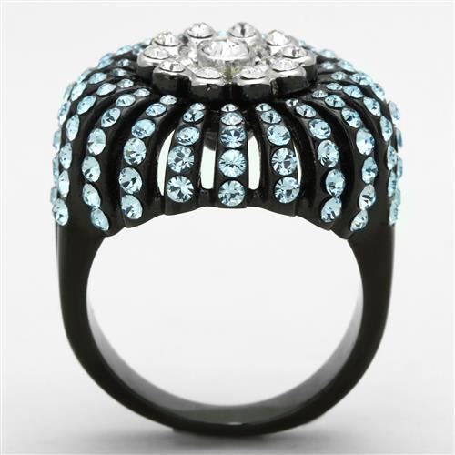 TK1442 - Two-Tone IP Black Stainless Steel Ring with Top Grade Crystal  in Sea Blue-2