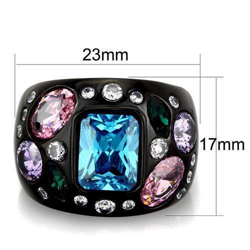 TK1790 - IP Black(Ion Plating) Stainless Steel Ring with AAA Grade CZ  in Sea Blue-1