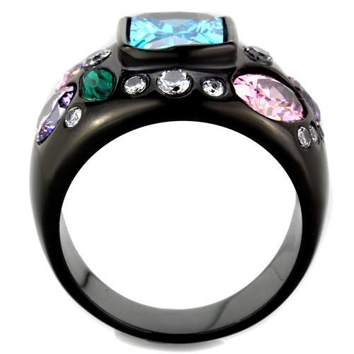 TK1790 - IP Black(Ion Plating) Stainless Steel Ring with AAA Grade CZ  in Sea Blue-2