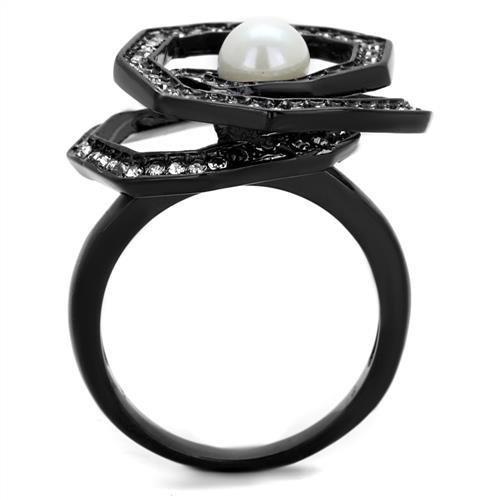TK1861 - IP Black(Ion Plating) Stainless Steel Ring with Synthetic Pearl in White-2