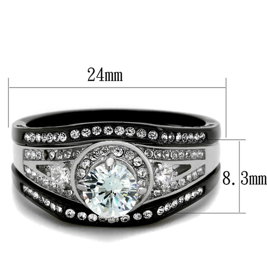 TK2044 - Two-Tone IP Black Stainless Steel Ring with AAA Grade CZ  in Clear-1
