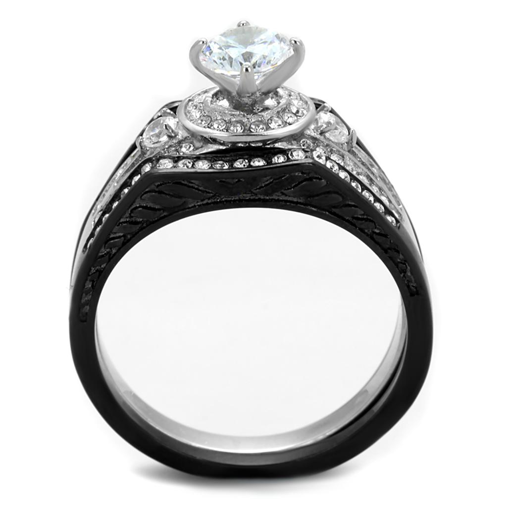 TK2044 - Two-Tone IP Black Stainless Steel Ring with AAA Grade CZ  in Clear-2