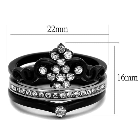 TK2187 - Two-Tone IP Black Stainless Steel Ring with AAA Grade CZ  in Clear-1