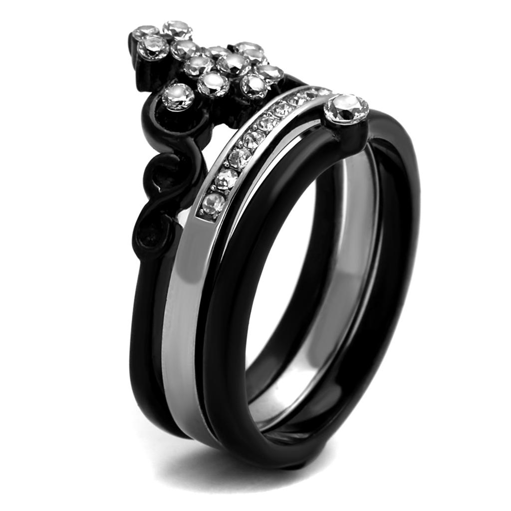 TK2187 - Two-Tone IP Black Stainless Steel Ring with AAA Grade CZ  in Clear-3