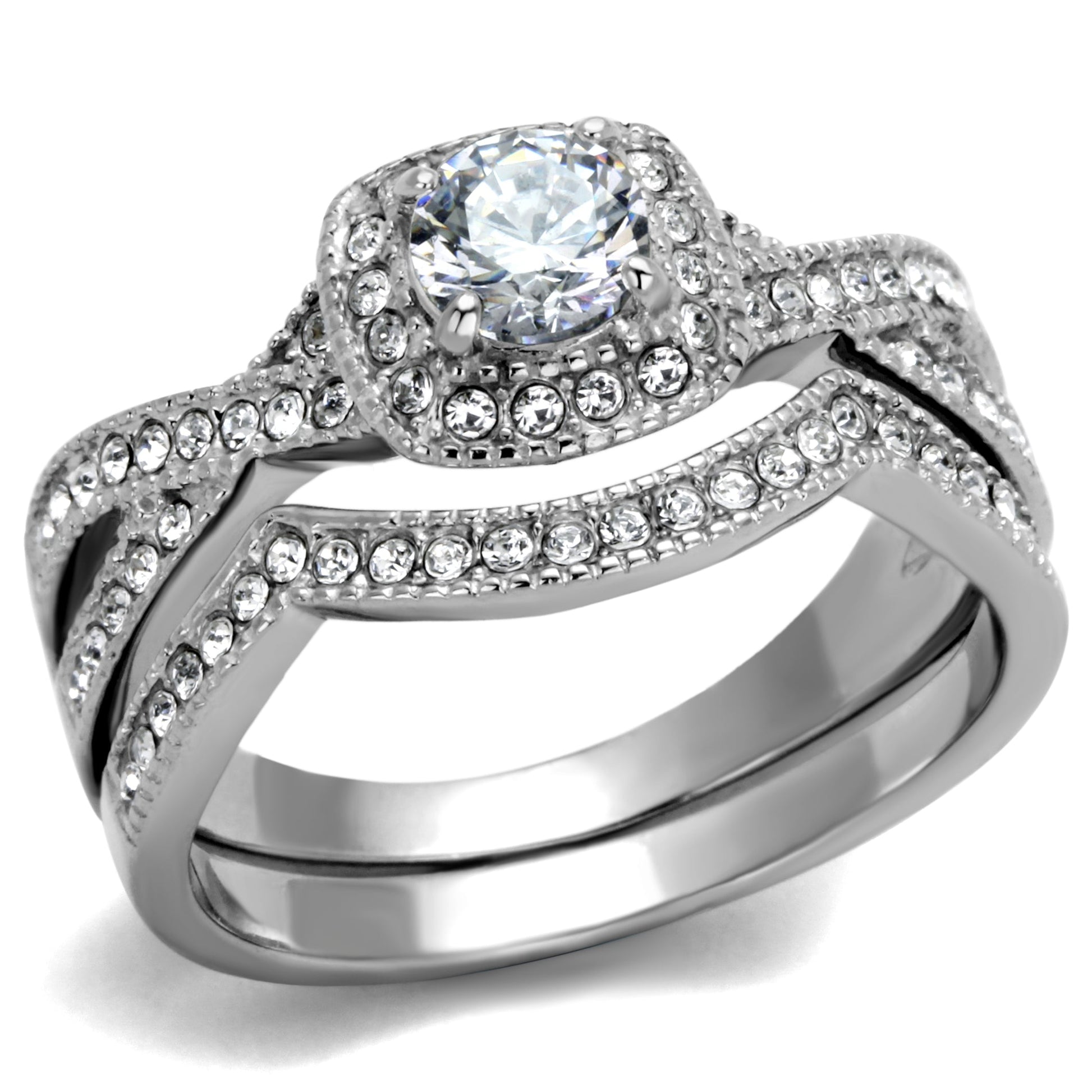 TK2296 - High polished (no plating) Stainless Steel Ring with AAA Grade CZ  in Clear-0