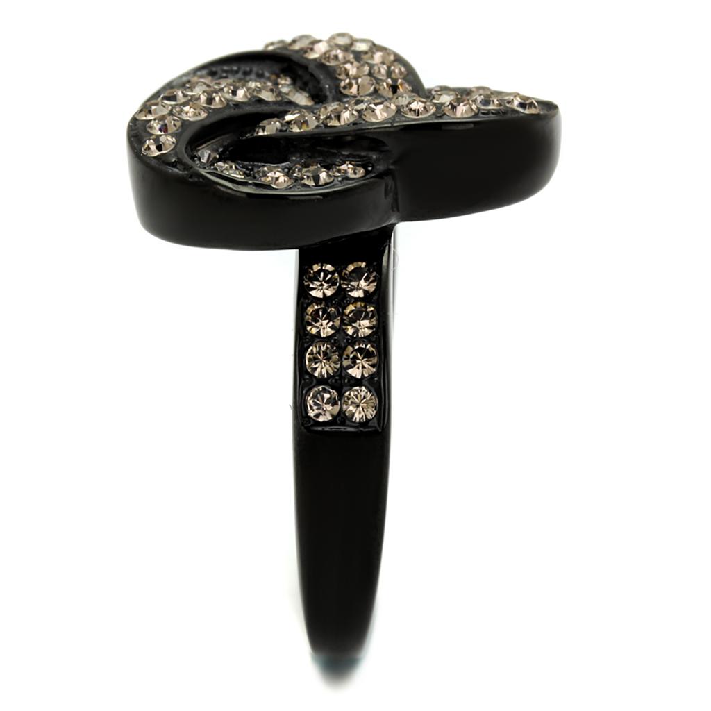 TK2347 - IP Black(Ion Plating) Stainless Steel Ring with Top Grade Crystal  in Light Smoked-3