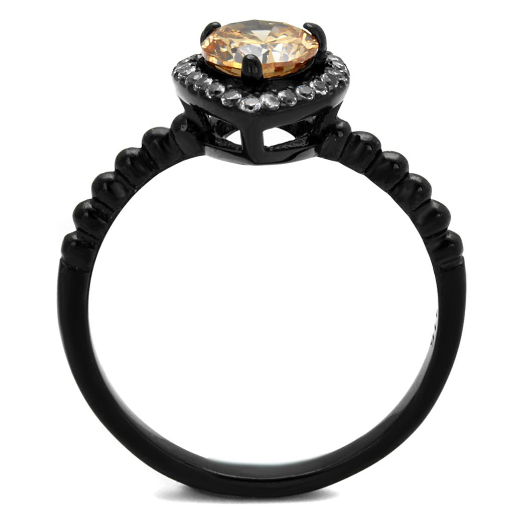 TK2365 - IP Black(Ion Plating) Stainless Steel Ring with AAA Grade CZ  in Champagne-2