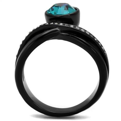 TK2488 - IP Black(Ion Plating) Stainless Steel Ring with Top Grade Crystal  in Blue Zircon-2
