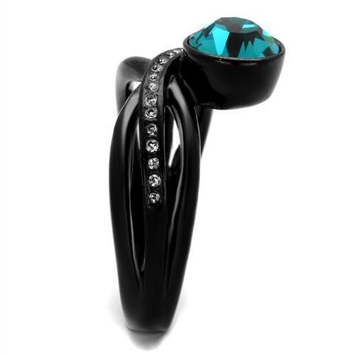 TK2488 - IP Black(Ion Plating) Stainless Steel Ring with Top Grade Crystal  in Blue Zircon-3