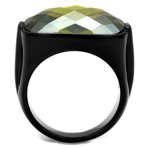 TK2639 - IP Black(Ion Plating) Stainless Steel Ring with AAA Grade CZ  in Olivine color-2