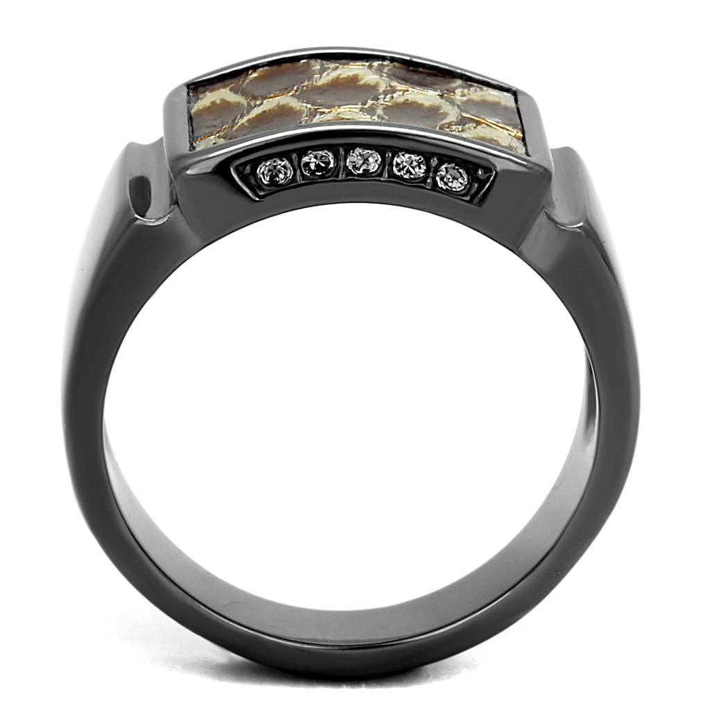 TK2738 - IP Light Black  (IP Gun) Stainless Steel Ring with Leather  in Brown-2
