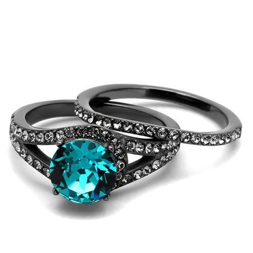 TK2744 - IP Light Black  (IP Gun) Stainless Steel Ring with Top Grade Crystal  in Blue Zircon-4
