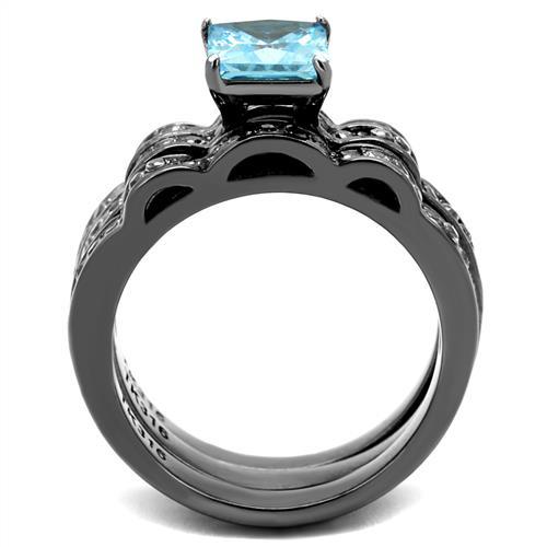 TK2748 - IP Light Black  (IP Gun) Stainless Steel Ring with AAA Grade CZ  in Sea Blue-2