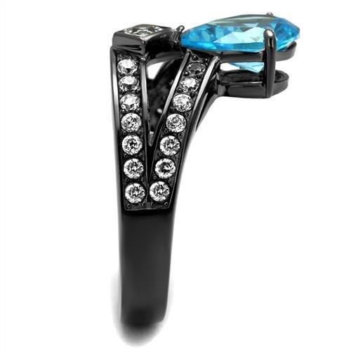 TK2775 - IP Light Black  (IP Gun) Stainless Steel Ring with AAA Grade CZ  in Sea Blue-3