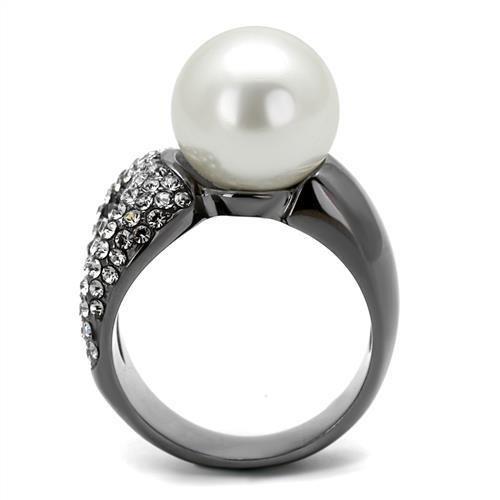 TK2800 - IP Light Black  (IP Gun) Stainless Steel Ring with Synthetic Pearl in White-2