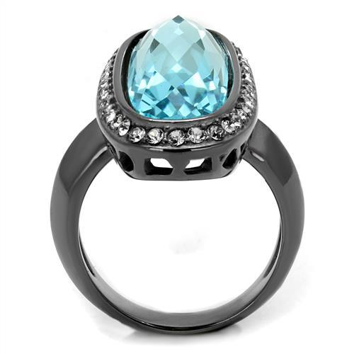 TK2804 - IP Light Black  (IP Gun) Stainless Steel Ring with Top Grade Crystal  in Sea Blue-2