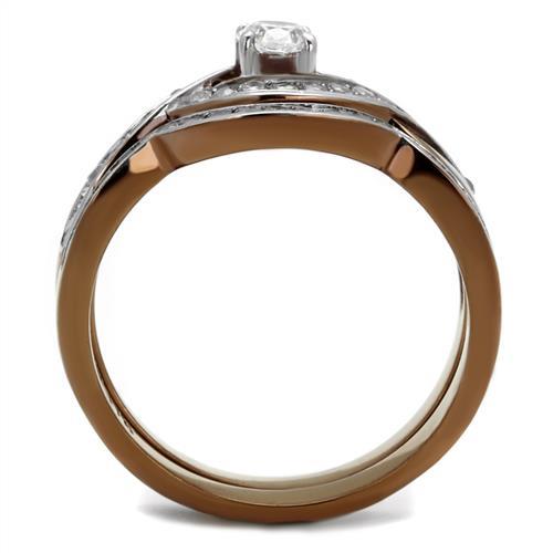 TK2953 - Two Tone IP Light Brown (IP Light coffee) Stainless Steel Ring with AAA Grade CZ  in Clear-2