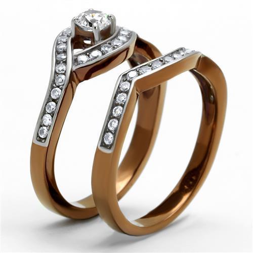 TK2953 - Two Tone IP Light Brown (IP Light coffee) Stainless Steel Ring with AAA Grade CZ  in Clear-3