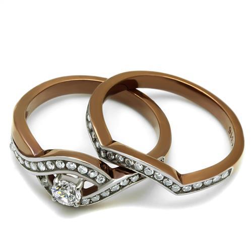 TK2953 - Two Tone IP Light Brown (IP Light coffee) Stainless Steel Ring with AAA Grade CZ  in Clear-4