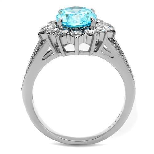 TK2977 - High polished (no plating) Stainless Steel Ring with AAA Grade CZ  in Sea Blue-2
