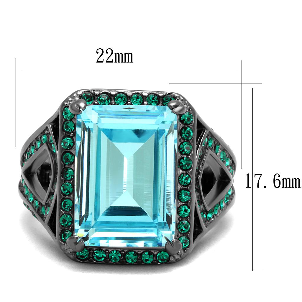 TK2988 - IP Light Black  (IP Gun) Stainless Steel Ring with Top Grade Crystal  in Sea Blue-1