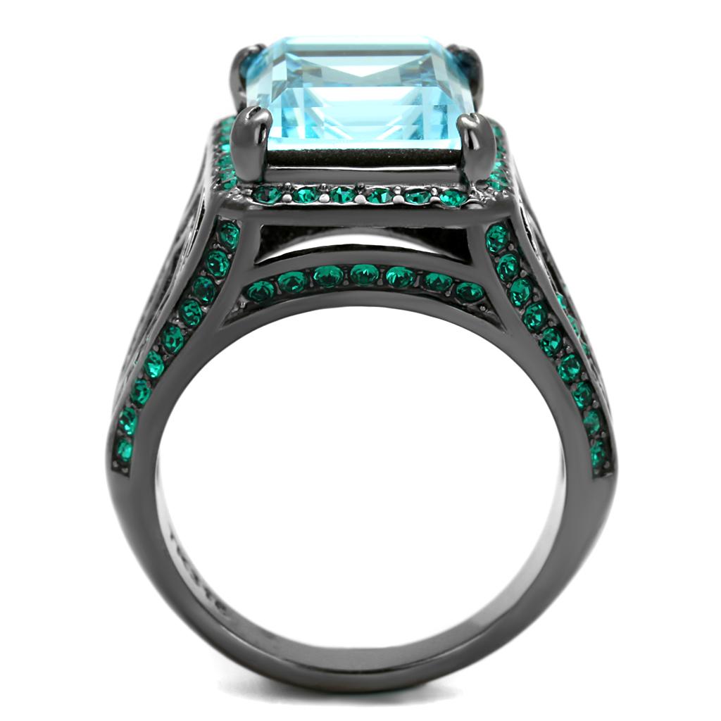 TK2988 - IP Light Black  (IP Gun) Stainless Steel Ring with Top Grade Crystal  in Sea Blue-2