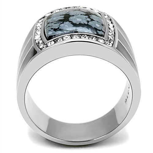 TK3042 - High polished (no plating) Stainless Steel Ring with Semi-Precious Snowflake Obsidian in Jet-2