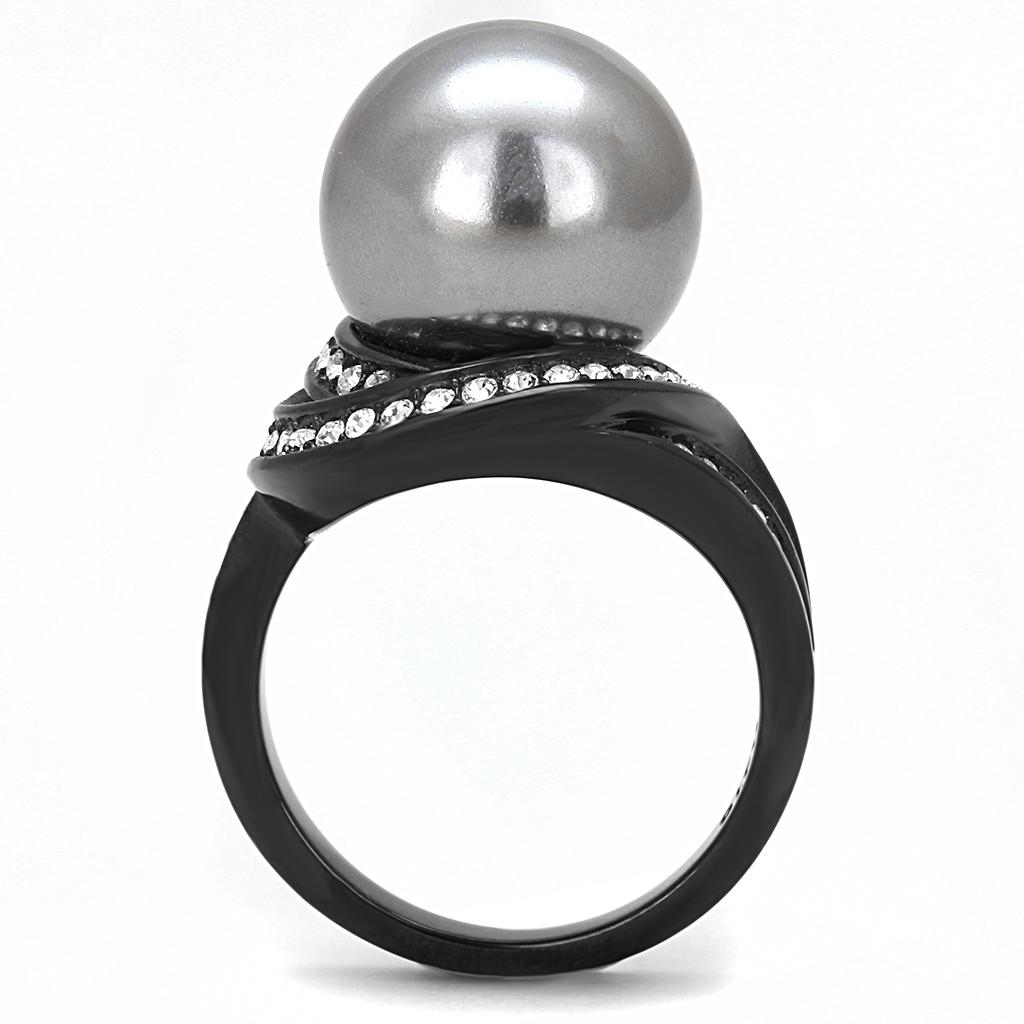 TK3052 - IP Black(Ion Plating) Stainless Steel Ring with Synthetic Pearl in Gray-2