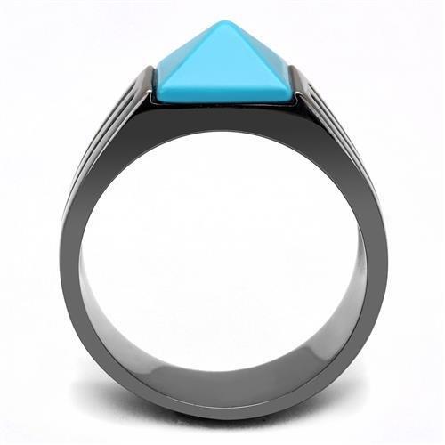 TK3074 - IP Light Black  (IP Gun) Stainless Steel Ring with Synthetic Turquoise in Sea Blue-2