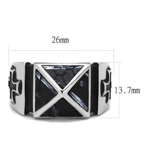 TK3075 - High polished (no plating) Stainless Steel Ring with Leather  in Jet-1