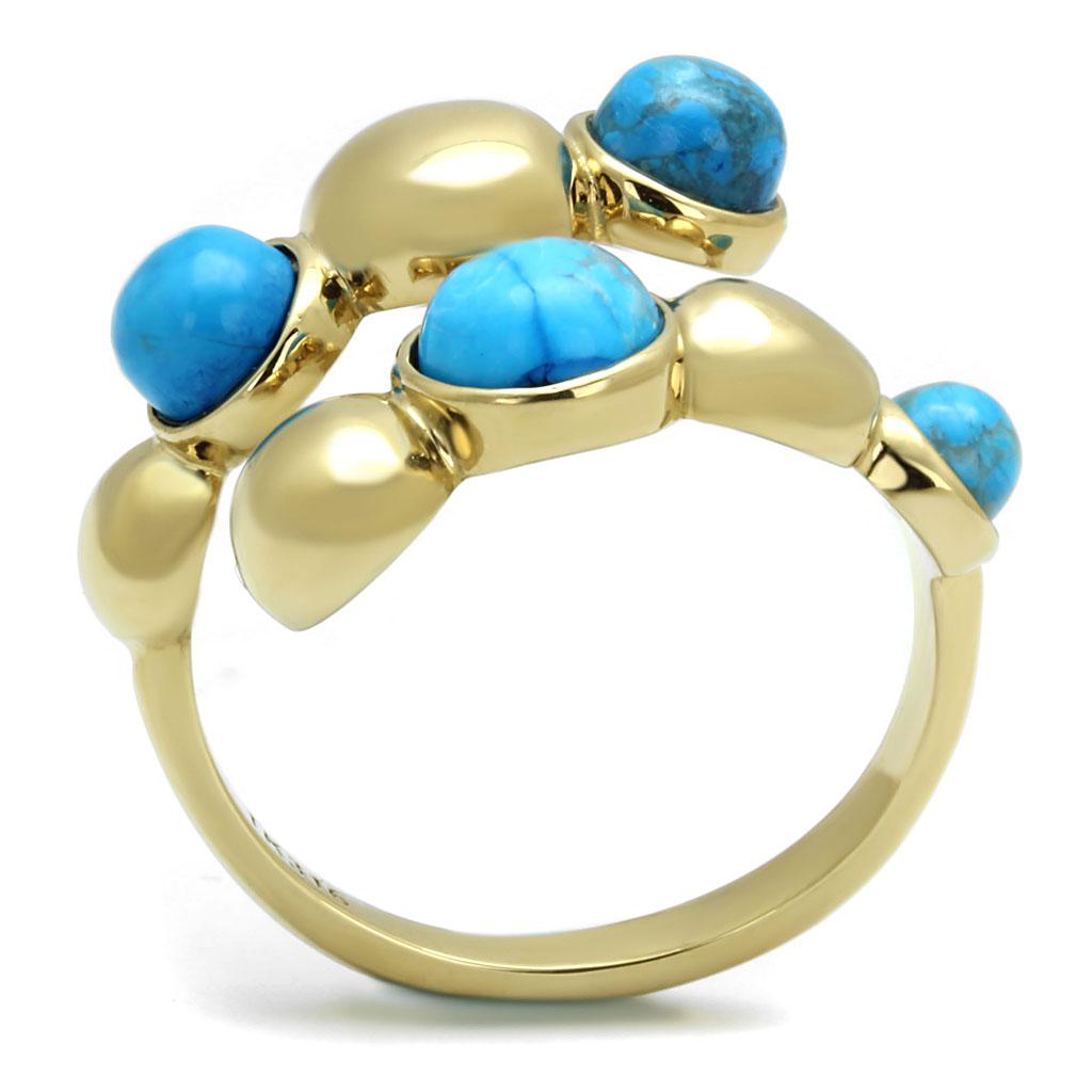 TK3091 - IP Gold(Ion Plating) Stainless Steel Ring with Semi-Precious Turquoise in Sea Blue-2