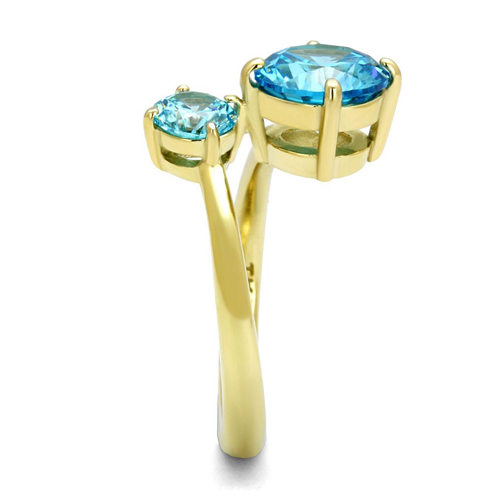 TK3092 - IP Gold(Ion Plating) Stainless Steel Ring with AAA Grade CZ  in Sea Blue-3