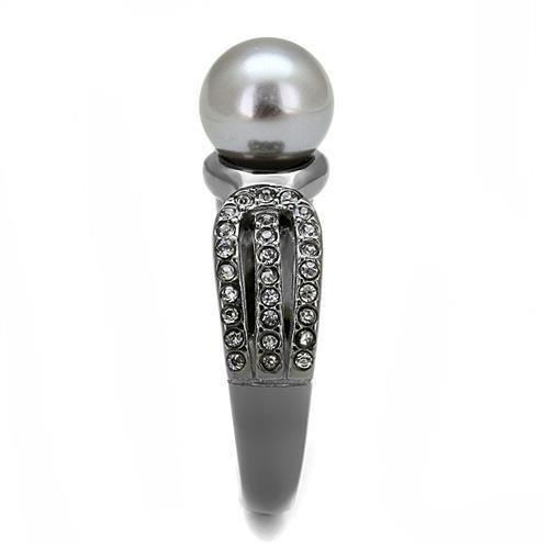 TK3170 - IP Light Black  (IP Gun) Stainless Steel Ring with Synthetic Pearl in Gray-3