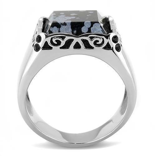 TK3230 - High polished (no plating) Stainless Steel Ring with Semi-Precious Snowflake Obsidian in Jet-2