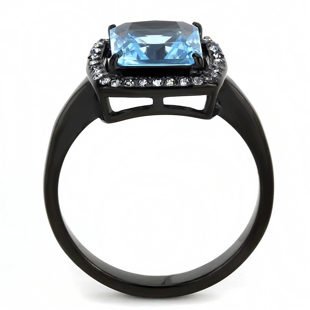 TK3447 - IP Black(Ion Plating) Stainless Steel Ring with Synthetic Synthetic Glass in Sea Blue-2