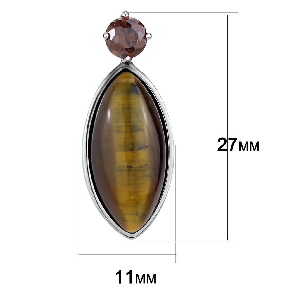 TK3488 - High polished (no plating) Stainless Steel Earrings with Semi-Precious Tiger Eye in Topaz-1