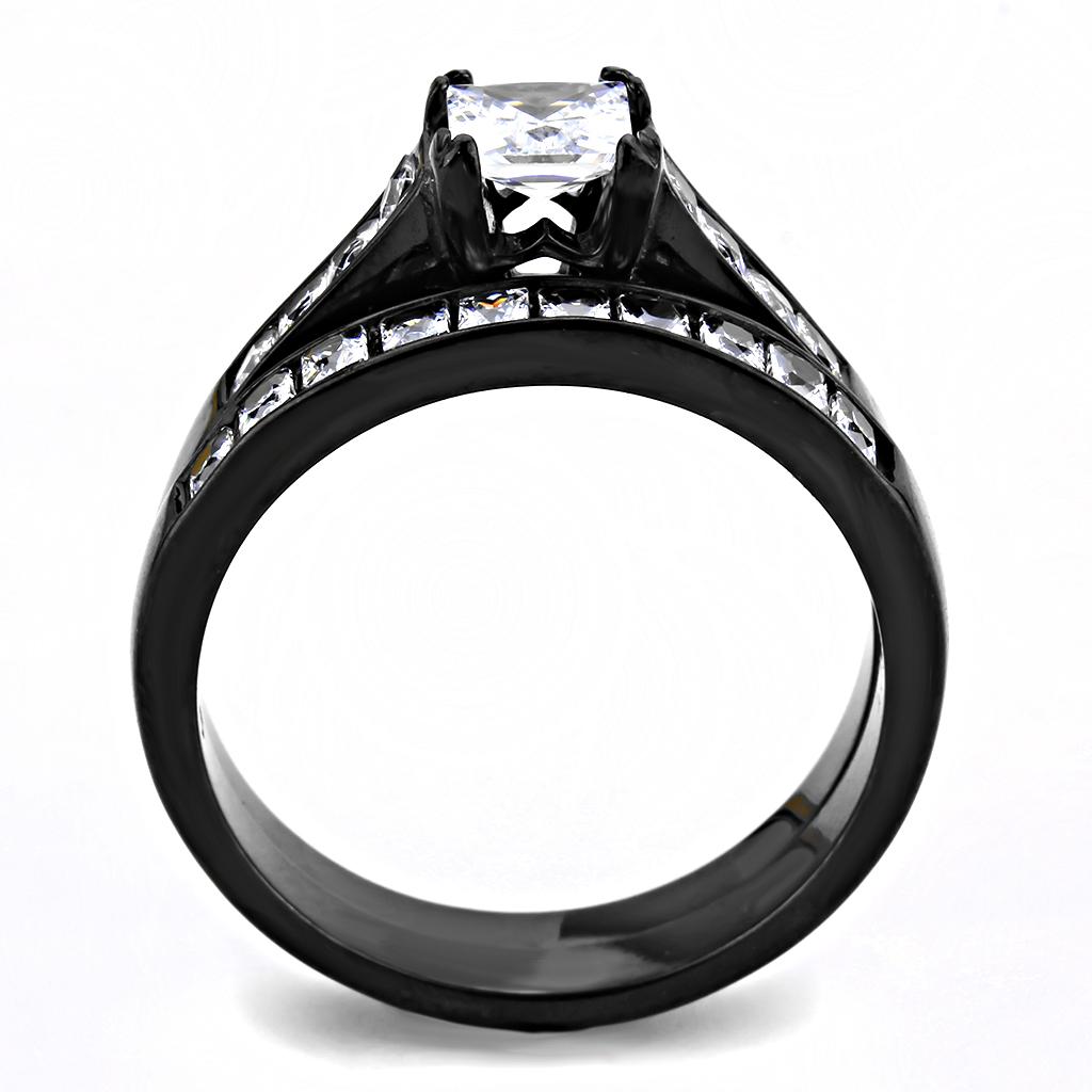 TK3555 - IP Black(Ion Plating) Stainless Steel Ring with AAA Grade CZ  in Clear-2