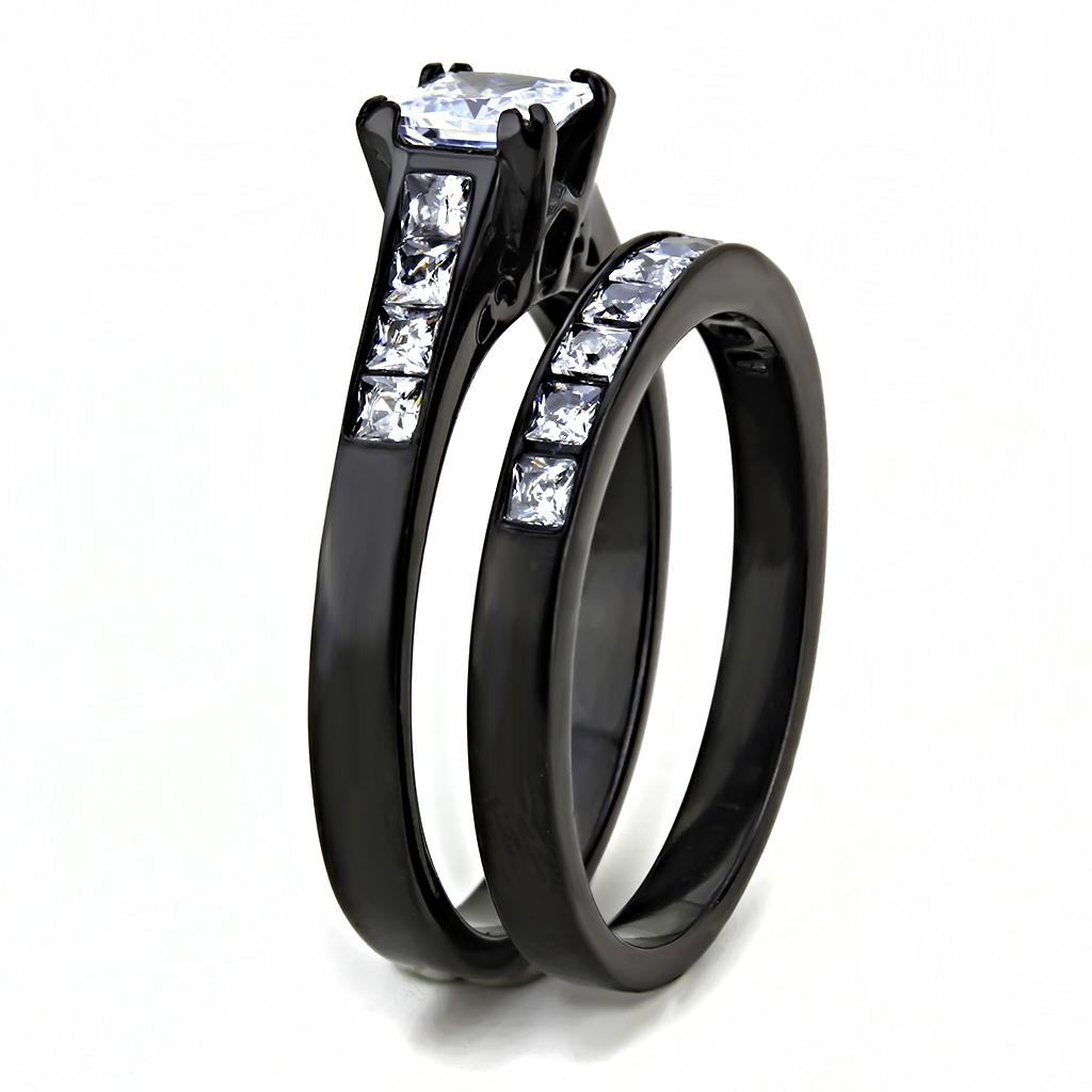 TK3555 - IP Black(Ion Plating) Stainless Steel Ring with AAA Grade CZ  in Clear-3