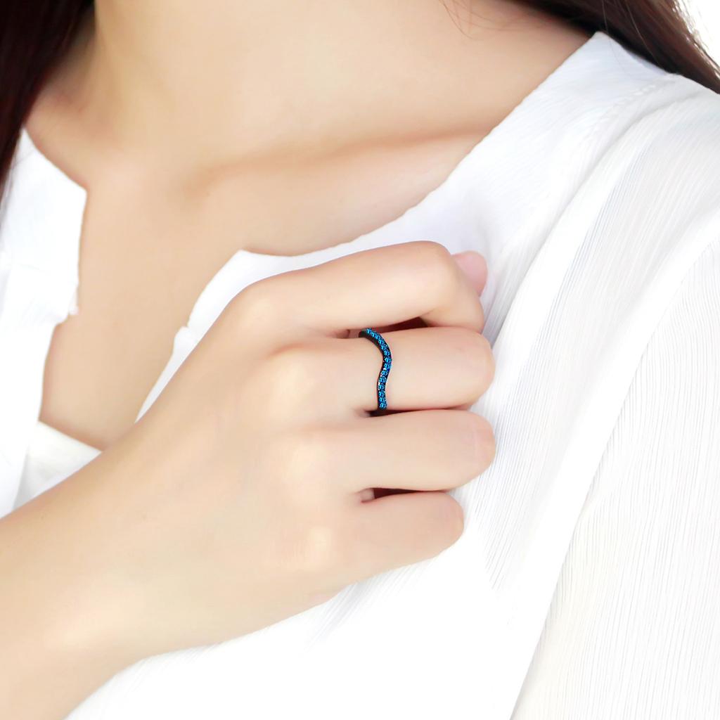 TK3557 - IP Black(Ion Plating) Stainless Steel Ring with Top Grade Crystal  in Blue Zircon-4