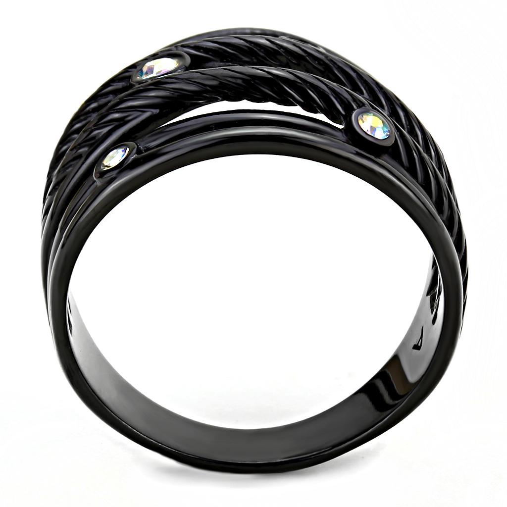 TK3566 - IP Black(Ion Plating) Stainless Steel Ring with Top Grade Crystal  in Aurora Borealis (Rainbow Effect)-2