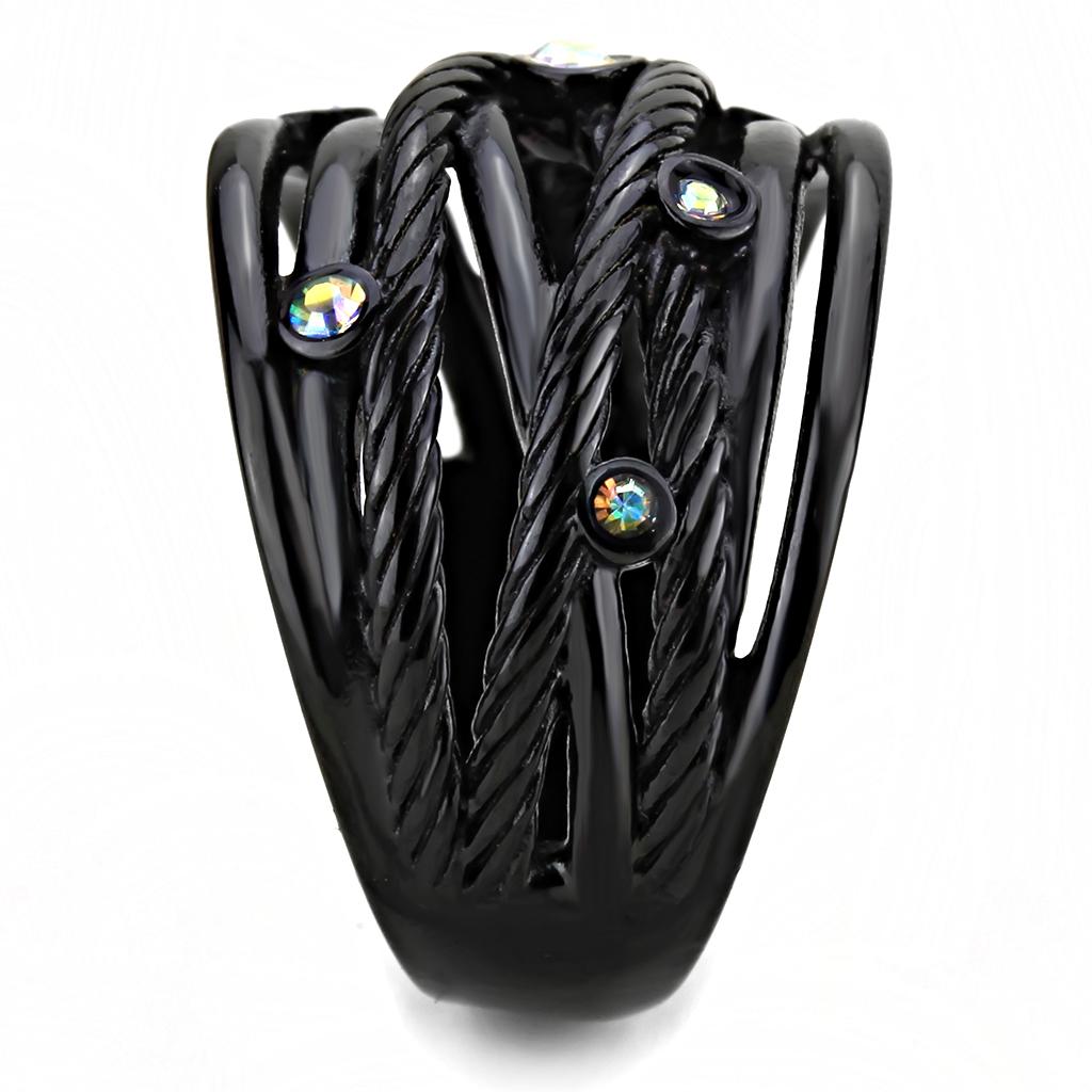 TK3566 - IP Black(Ion Plating) Stainless Steel Ring with Top Grade Crystal  in Aurora Borealis (Rainbow Effect)-3