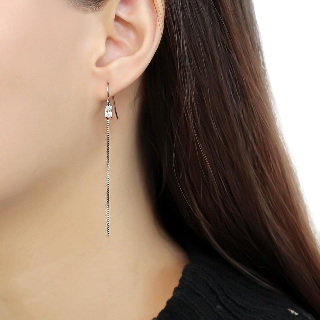 TK3599 - High polished (no plating) Stainless Steel Earrings with AAA Grade CZ  in Clear-2